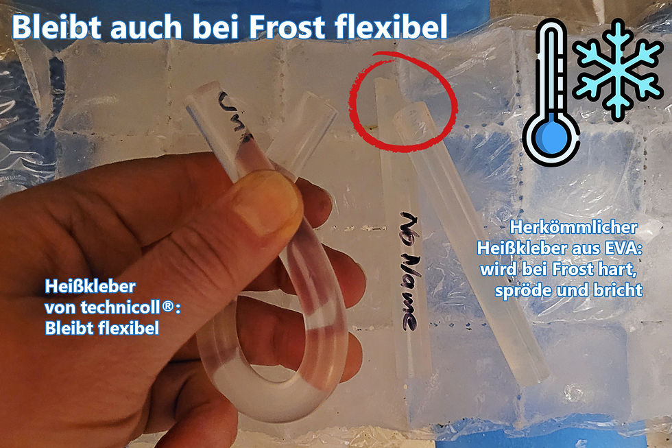 Miniaturbild: Test: Nach Einfrieren brach herkömmlicher Heißkleber außeinander, unserer ist noch flexibel