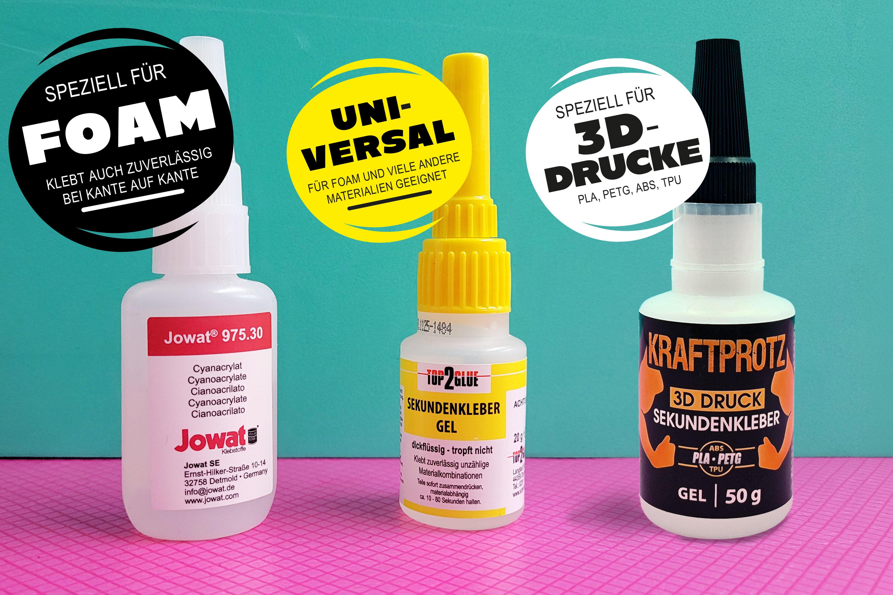 Drei verschiedene Sekundenkleber-Fläschen, eine für Foam, eine Universal, eine für 3D Druck. Hand als Größenreferenz