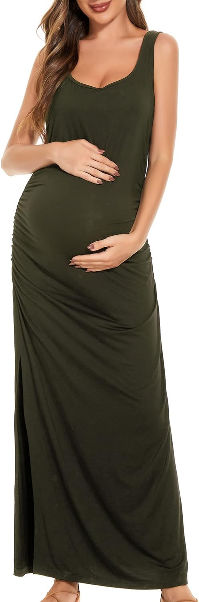 Thumbnail: Maternity Split Long Dress with Sleevelessness and Ruched Details