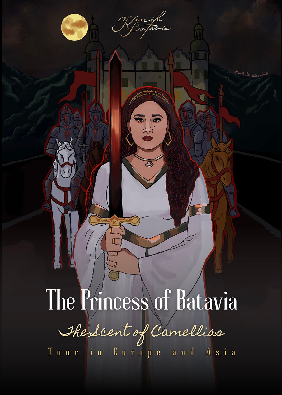 Illustrated tour poster for Kamila Batavia’s “The Scent of Camellias” tour across Europe and Asia, showing a princess figure holding a sword in front of a castle and knights.