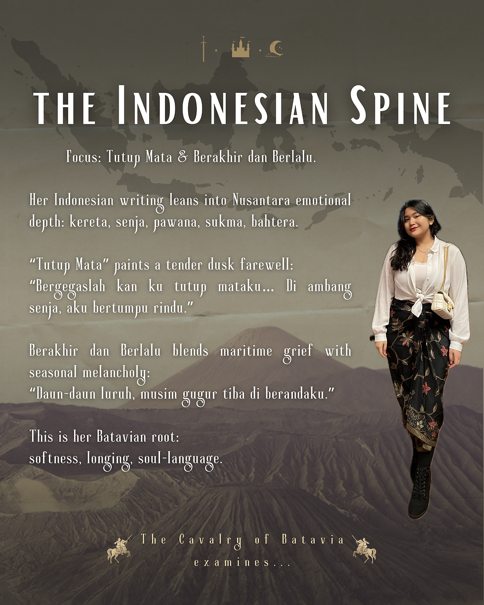 Kamila Batavia standing in a poster of the depiction of her Indonesian spine based on her lyrics