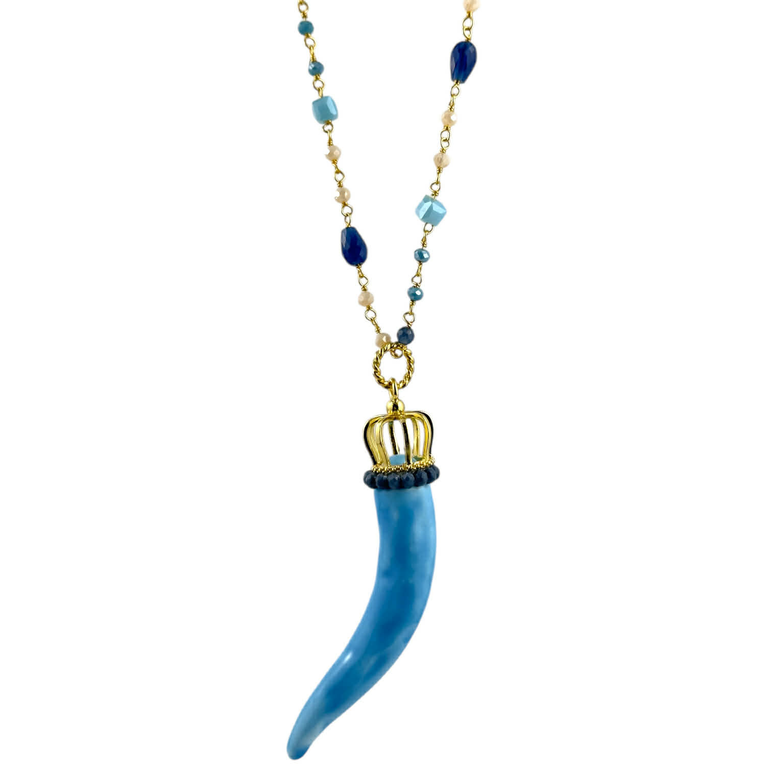 Collana con corno grande in argento e pietre naturali