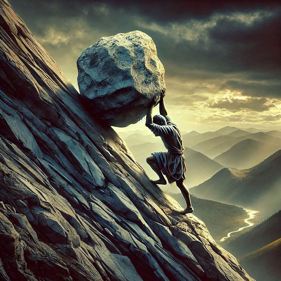 Sísifo subiendo una roca por la montaña, referenciando la Motivación Extrínseca - Psicología del Talento - Arón Alma