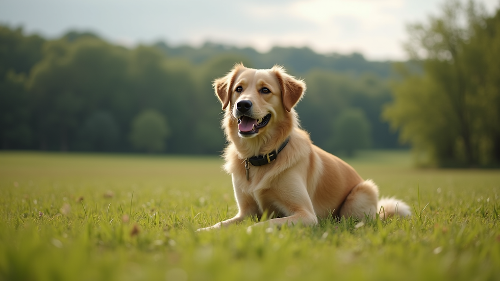 Eye-level view of a dog sitting obediently on a grassy field