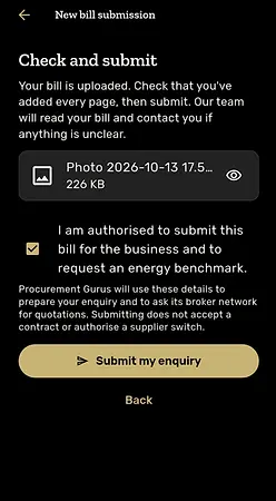 App check-and-submit screen showing an attached supporting document and a submit button (example deployment: Procurement Gurus Energy)