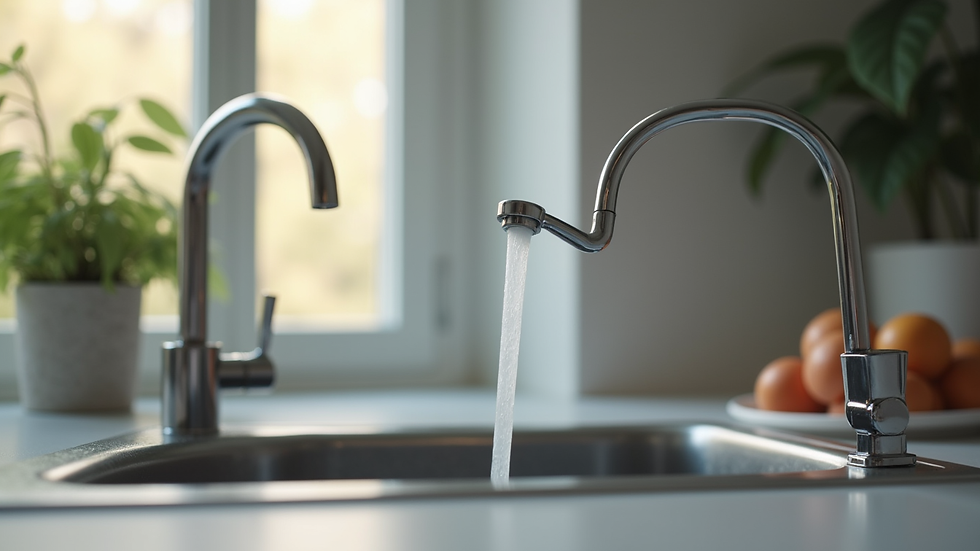 Close-up view of a low-flow faucet installed in a modern kitchen sink