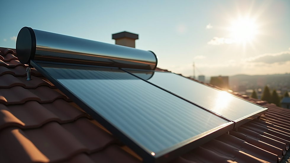 Eye-level view of a solar water heater panel installed on a residential roof
