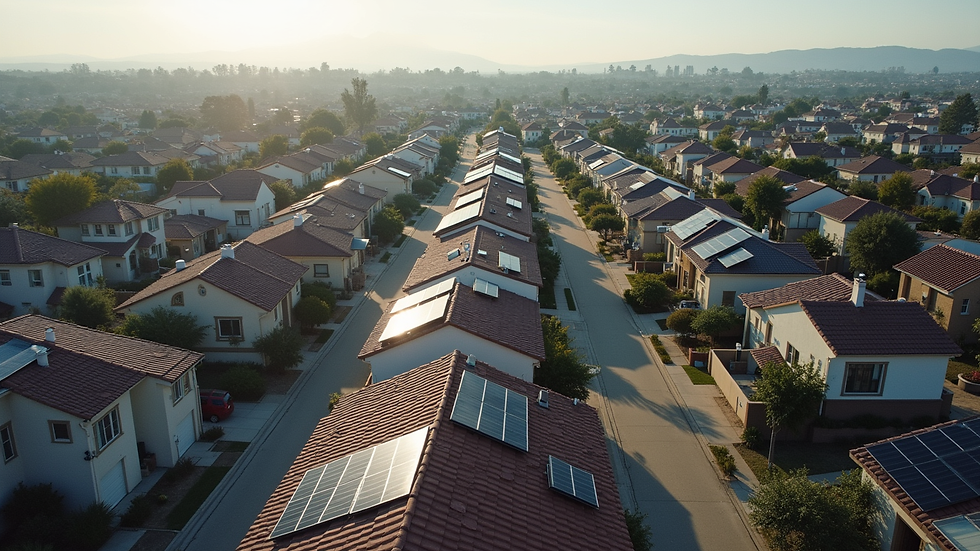 High angle view of a residential neighborhood with solar panels on rooftops