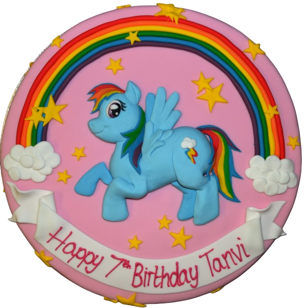 A colourful and enchanting My Little Pony-themed round cake, perfect for fans of the popular children's show. Ideal for birthday celebrations or special occasions.