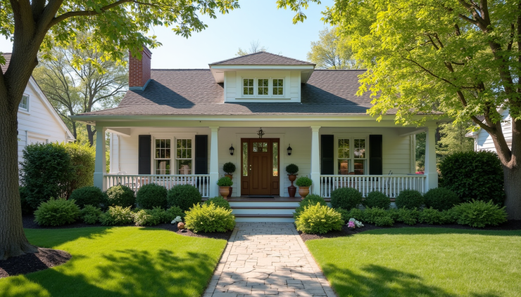 Eye-level view of a charming single-family home in Babylon Village with well-maintained landscaping and inviting front porch