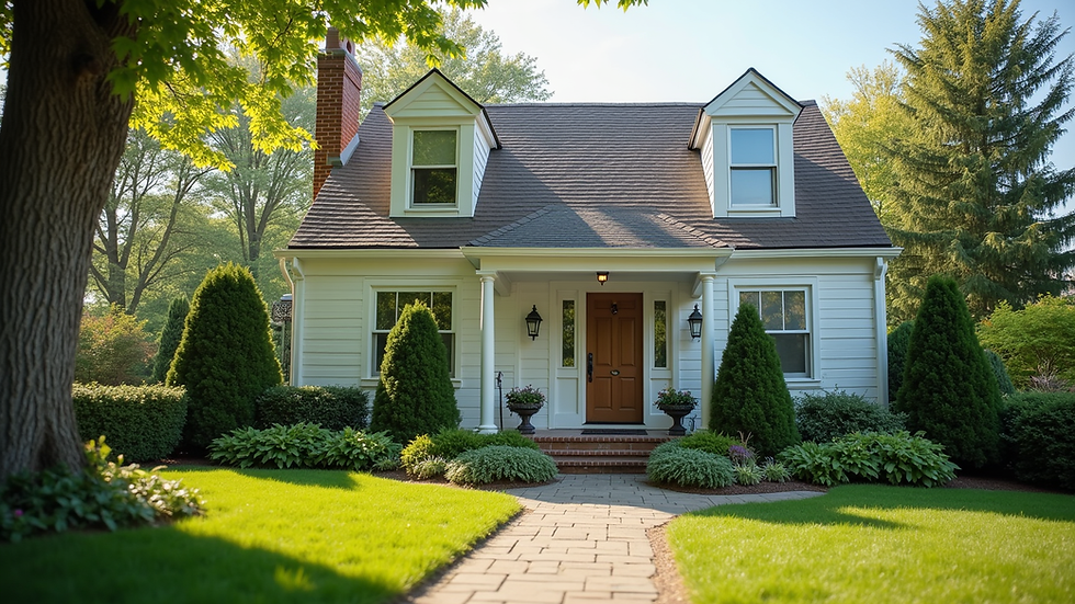 Eye-level view of a charming West Babylon home with a well-kept front yard