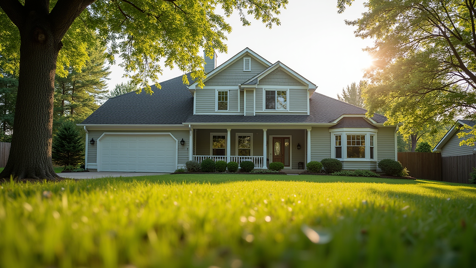 Eye-level view of a suburban home with a well-maintained front yard