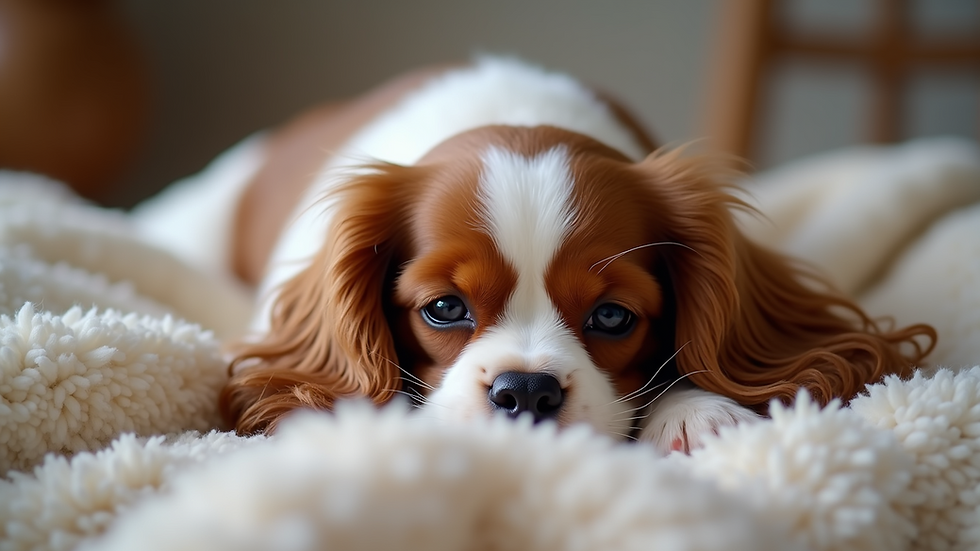 Close-up view of a King Charles Cavalier Spaniel cuddling on a soft blanket