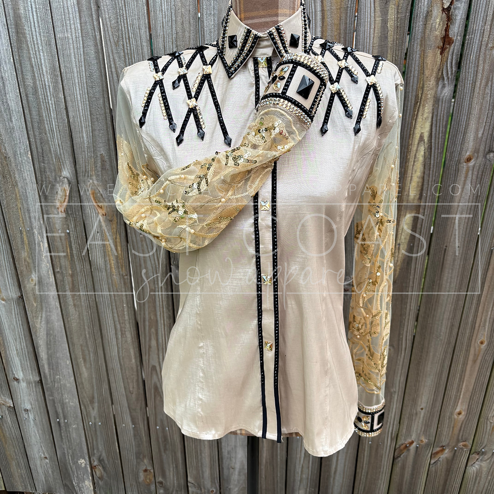 Thumbnail: Ladies Tan, Black &  Gold  Lace Fitted Show Shirt - Medium