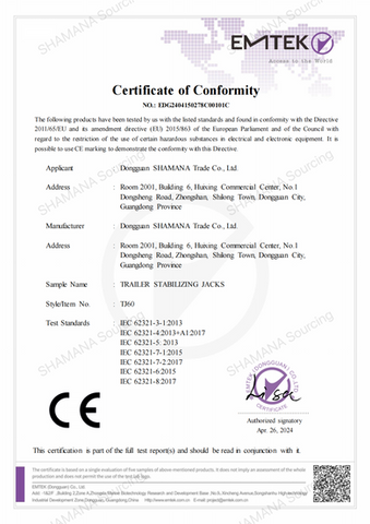 CE Certificate of Conformity for Trailer Stabilizing Jacks TJ60 – Dongguan SHAMANA Trade Co., Ltd., tested under IEC 62321 RoHS standards, issued by EMTEK, April 26, 2024.