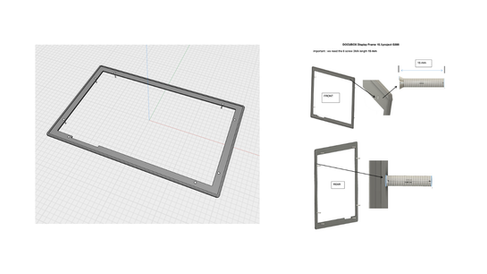CAD design of DOCUBOX display frame with mounting points and screw length specifications.
