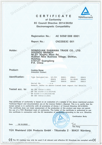 CE Certificate of Conformity – Electromagnetic Compatibility, Dongguan SHAMANA Trade Co., Ltd., Huizhou Branch, models LK-C05, LK-SD28, SHA01–SHA10, issued 19 Oct 2022 by TÜV Rheinland.