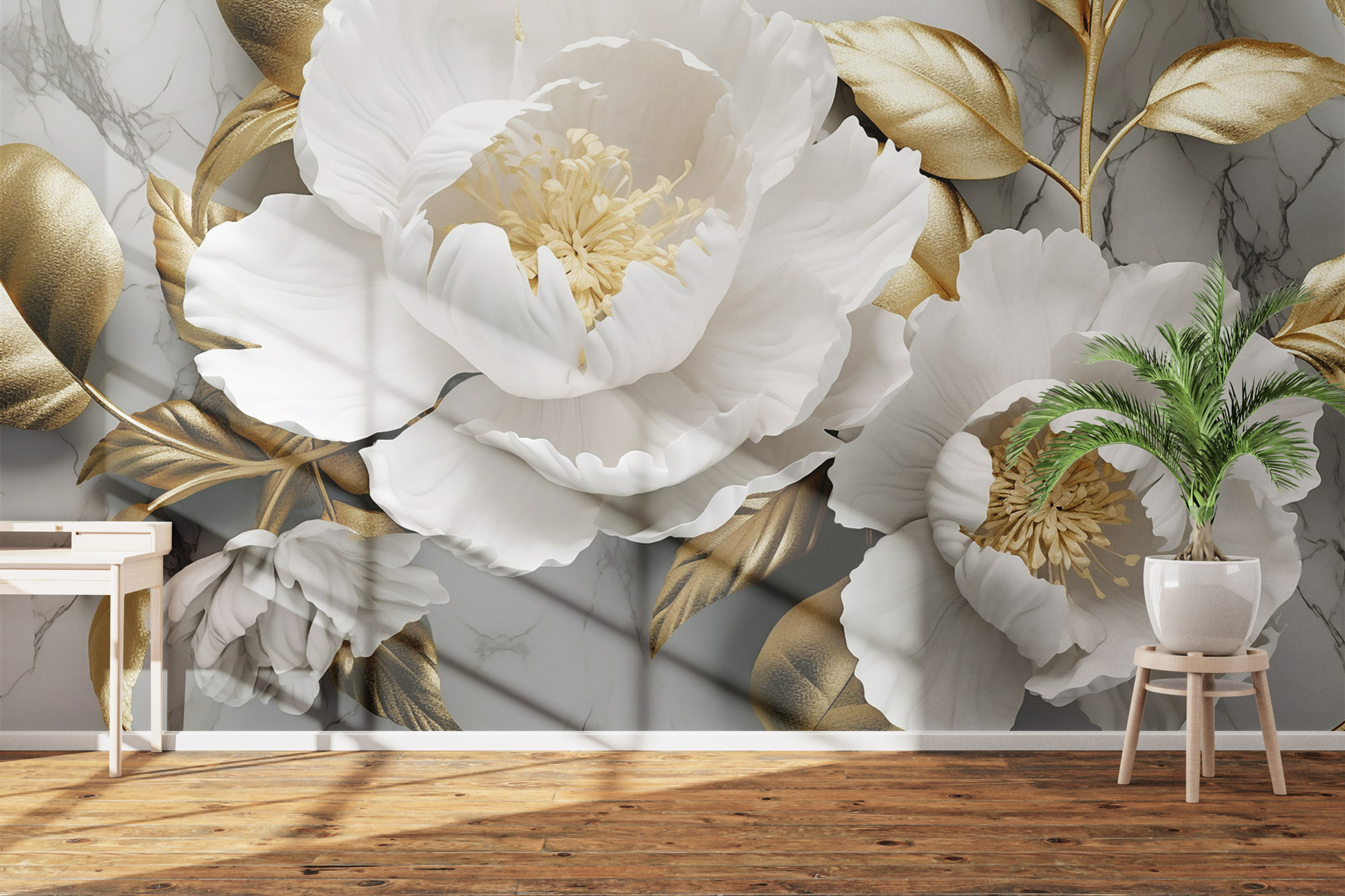 3D Parlak Beyaz Yapraklı Çiçekli Duvar Kağıdı
