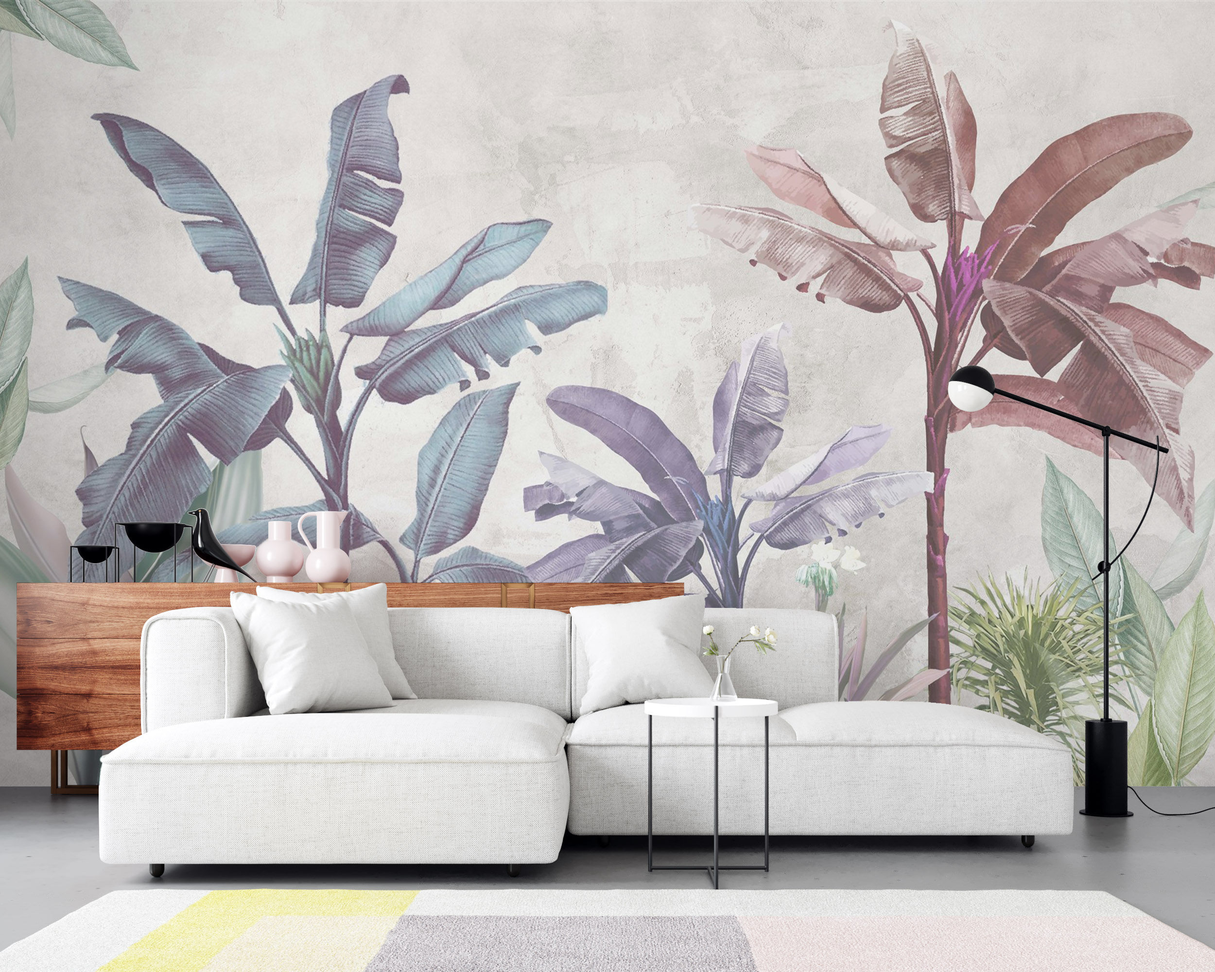 Bej Arka Plan Üzerinde Renkli Tropikal Ağaçlar Duvar Kağıdı