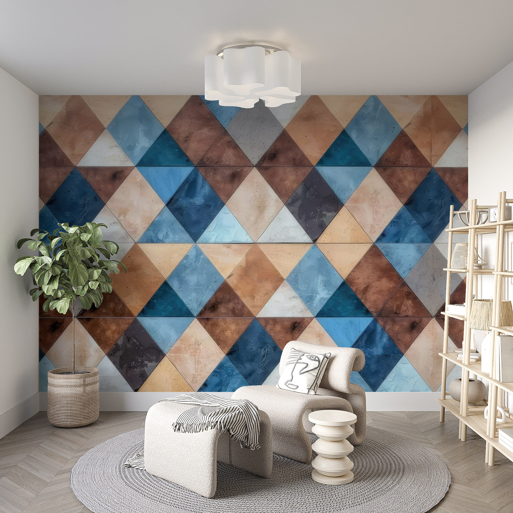 Kahve ve Mavi Tonlarda Üçgen Desenli Geometrik Duvar Kağıdı