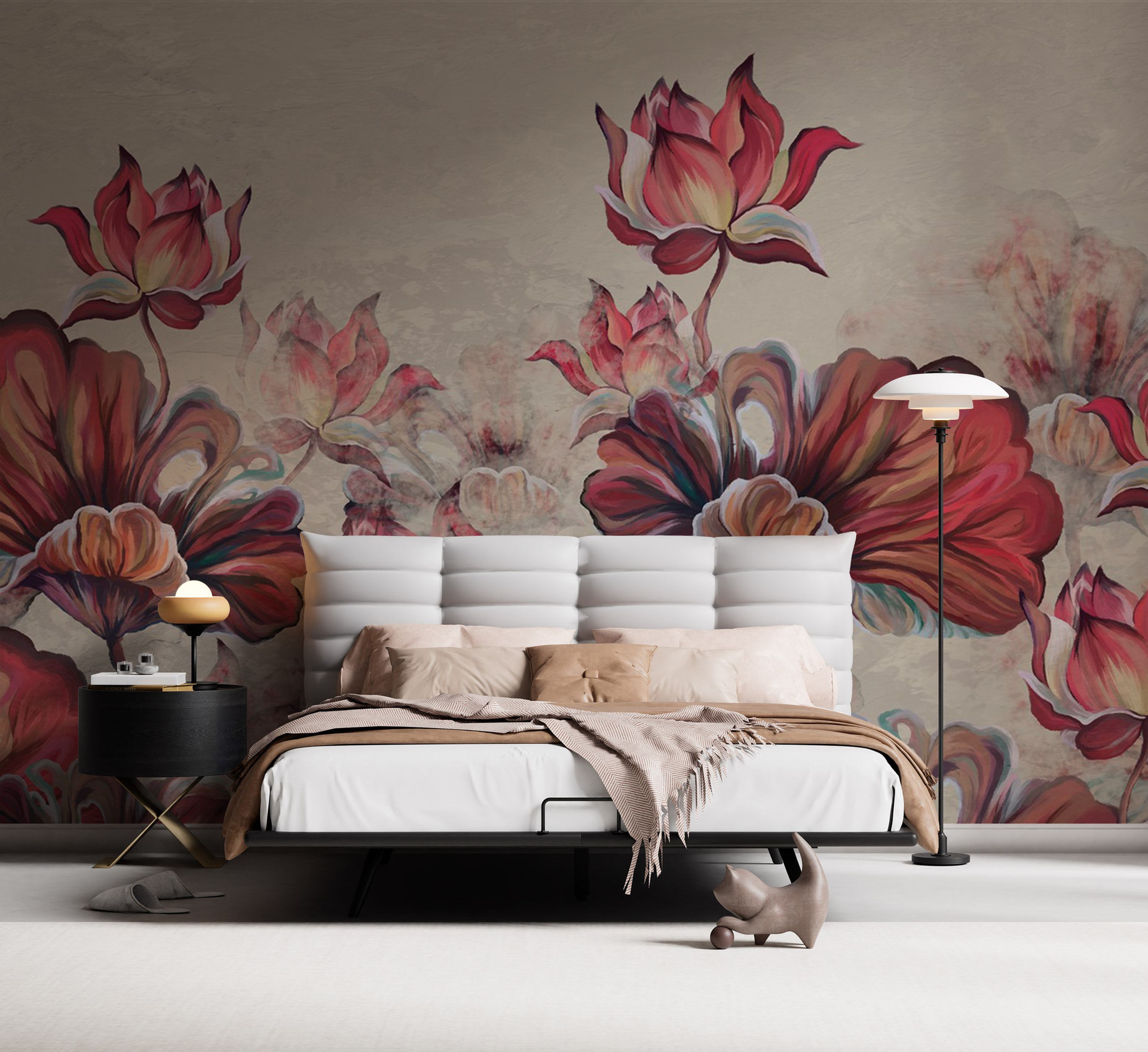 Kırmızı Yapraklı Canlı Çiçekli Duvar Kağıdı