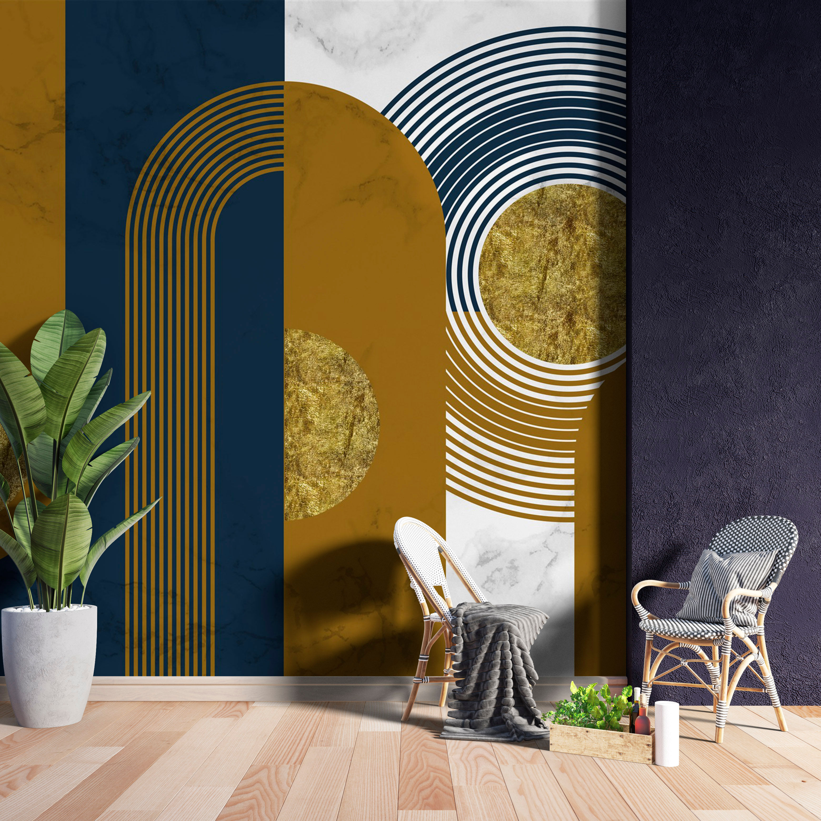 Altın ve Lacivert Tonlarda Halkalı Geometrik Duvar Kağıdı
