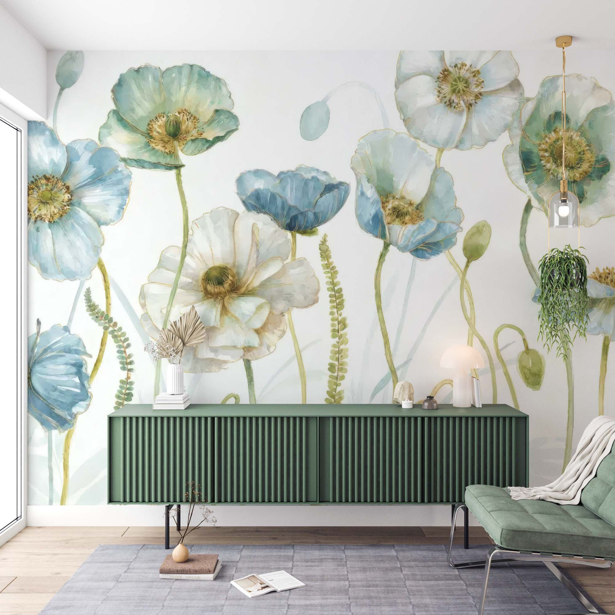 Mavi ve Yeşil Pastel Renkli Gelincikler Duvar Kağıdı