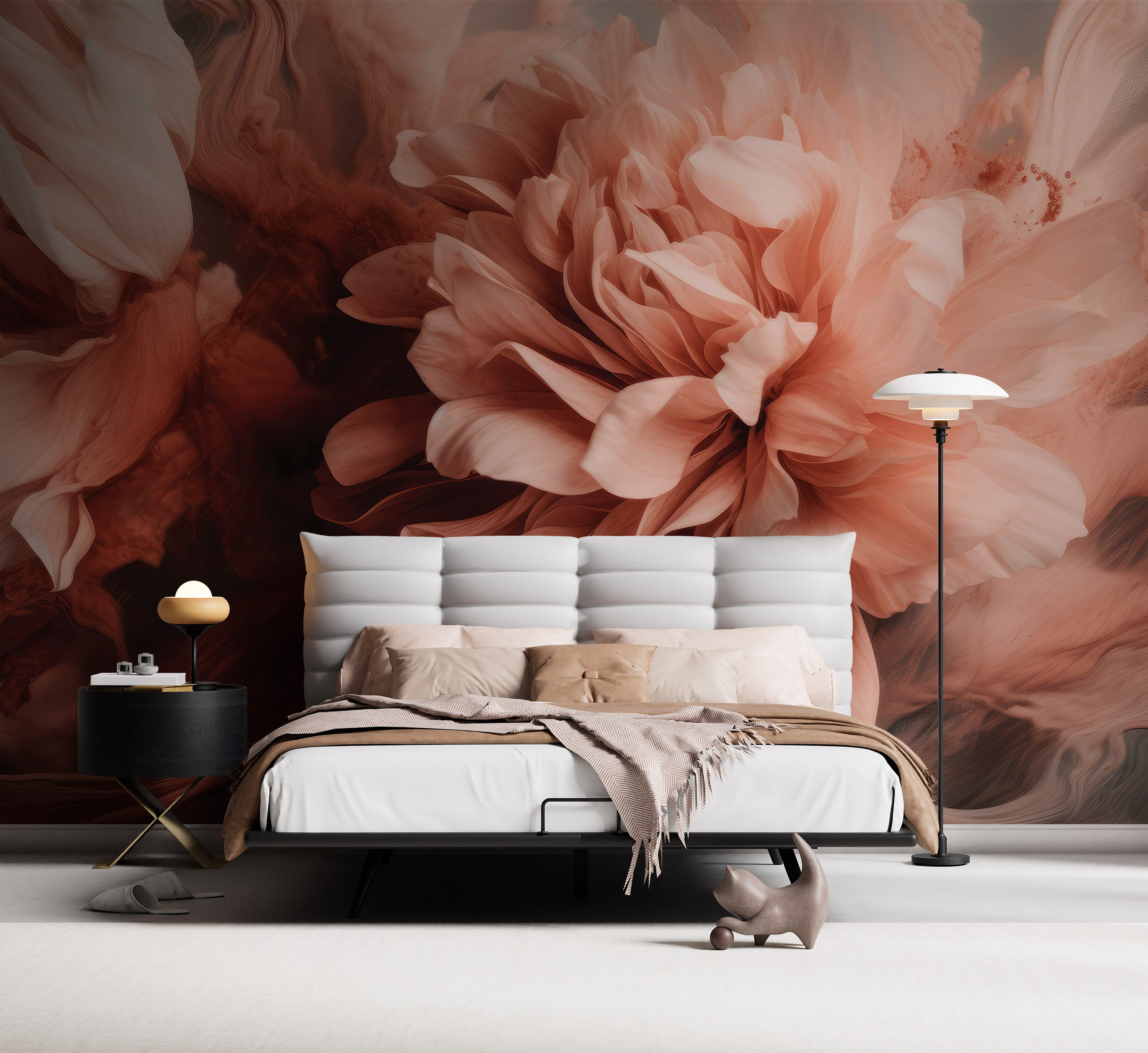 Zarif Şeftali ve Pembe Tonlarında Şakayık Çiçekli Duvar Kağıdı