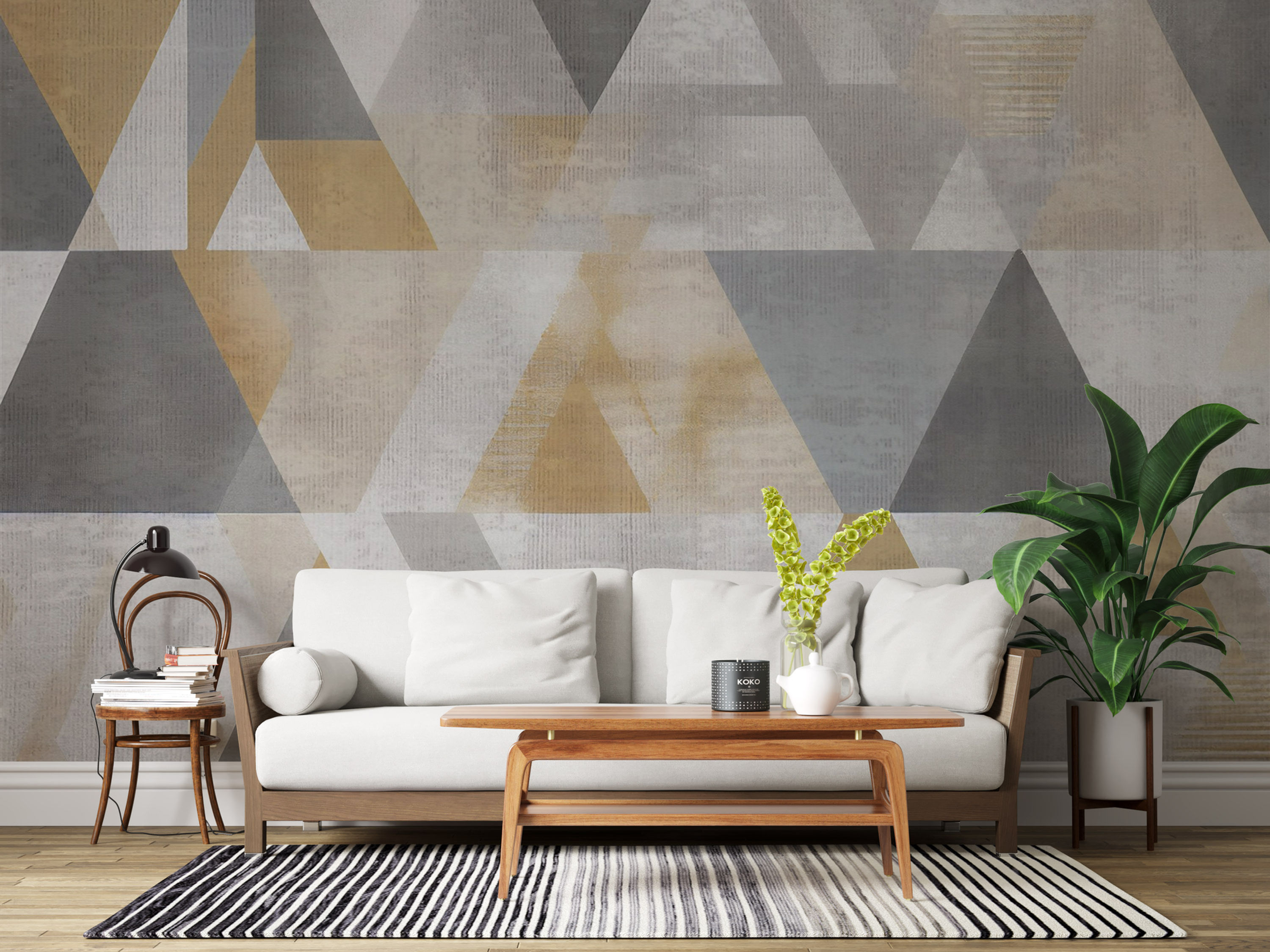 Modern Turuncu ve Gri Üçgenli Geometrik Duvar Kağıdı
