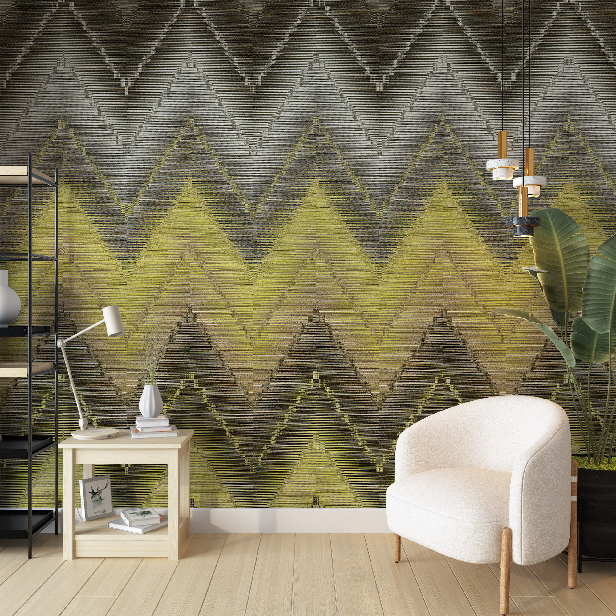 Toprak Tonlarında Zikzak Desenli Geometrik Duvar Kağıdı