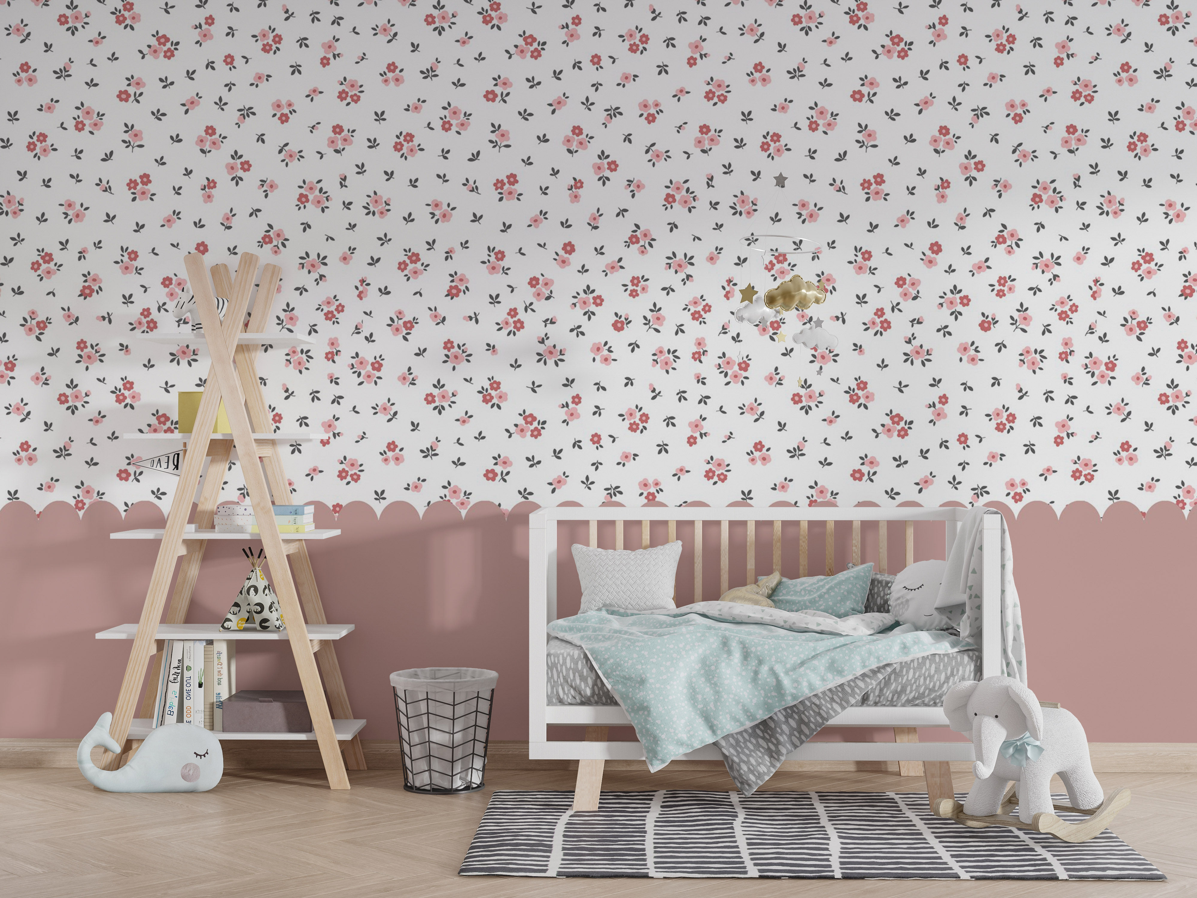 Küçük Pembe Çiçekli Lambri Çocuk Odası Duvar Kağıdı