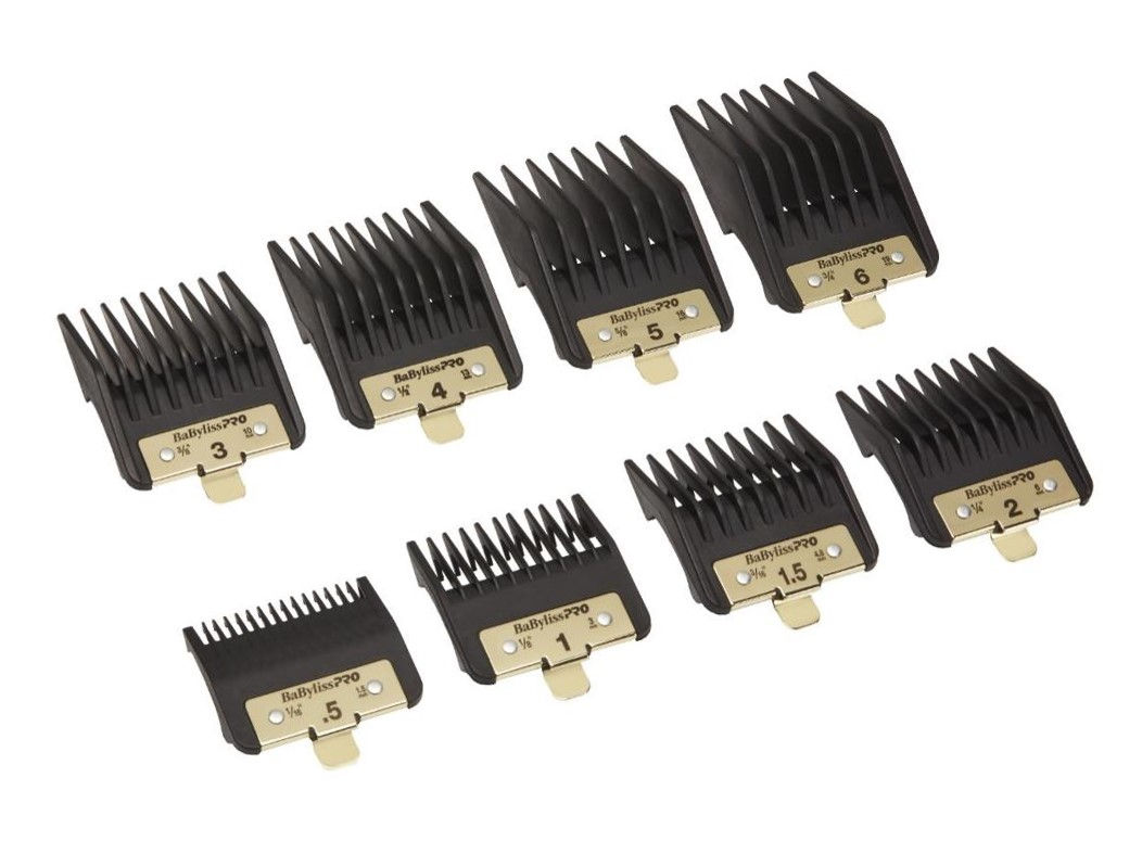 BabylissPRO FXPCG Premium Clipper Guards: Eight black clipper guards of varying sizes for hair cutting.
