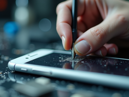 uma mão realizando o reparo com uma ferramento em uma tela de iphone com varios componetes de telefone espalhados.