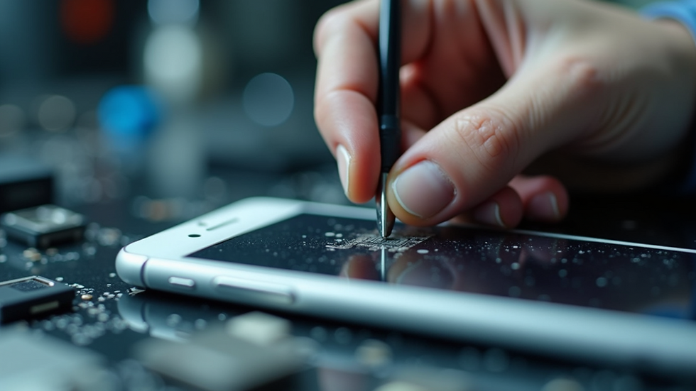 Close-up view of a technician repairing an iPhone screen
