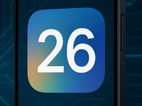 Imagem promocional do iOS 26 com fundo tecnológico azul, iPhone exibindo o ícone do sistema e texto iOS 26 está chegando.