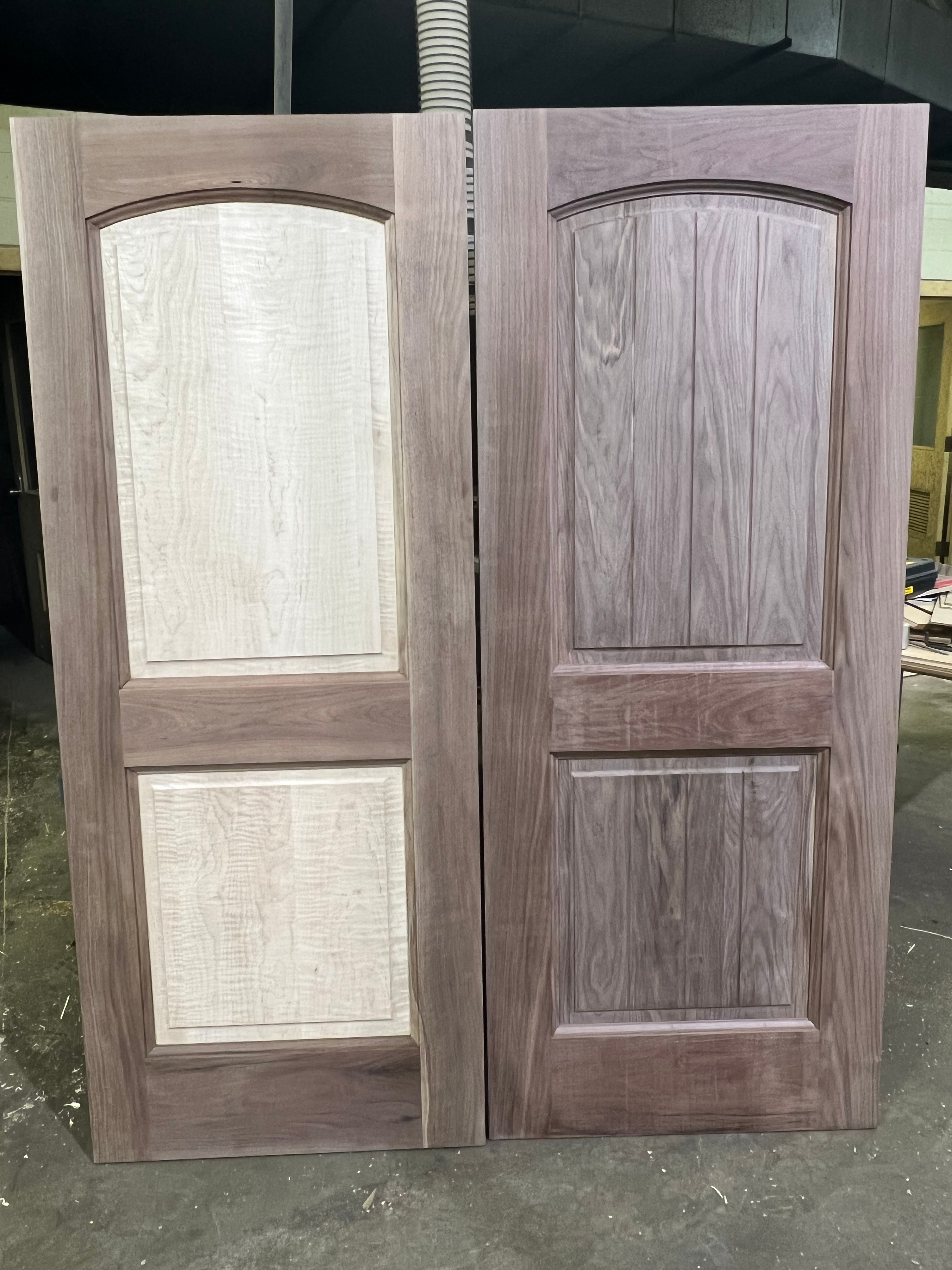 (MTO) Solid Hardwood Walnut Int/Ext Doors: Walnut/Curly Maple Raised Panels