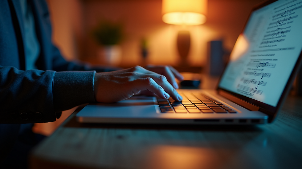 Close-up view of a musician composing music on a laptop