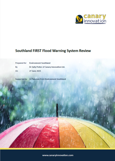 Report cover showing text 'southland FIRST flood warning system review' and an image of a colourful umbrella in the rain