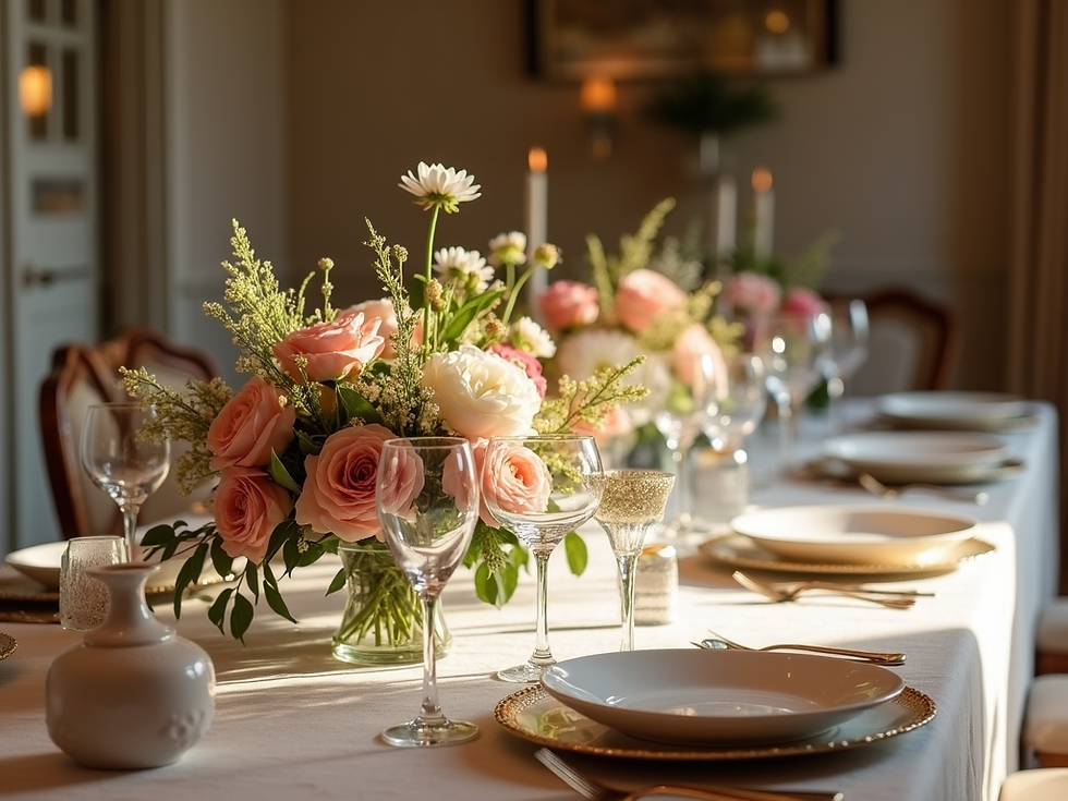 A beautifully styled event table setting with elegant floral arrangements and sophisticate