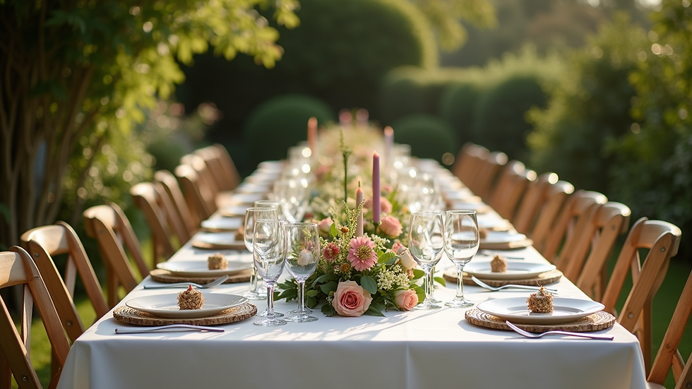 High angle view of a beautifully arranged outdoor garden party table