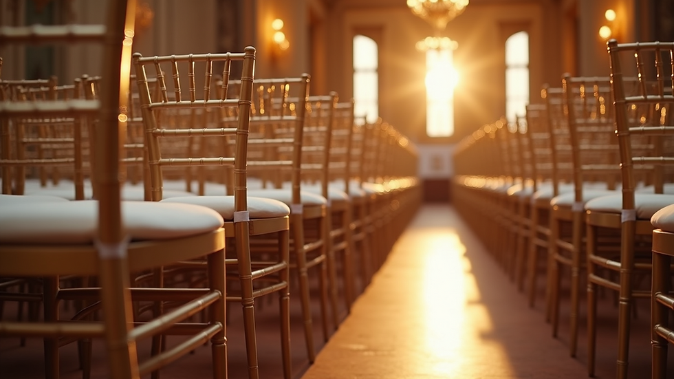 Eye-level view of elegant Chiavari chairs arranged in a banquet hall