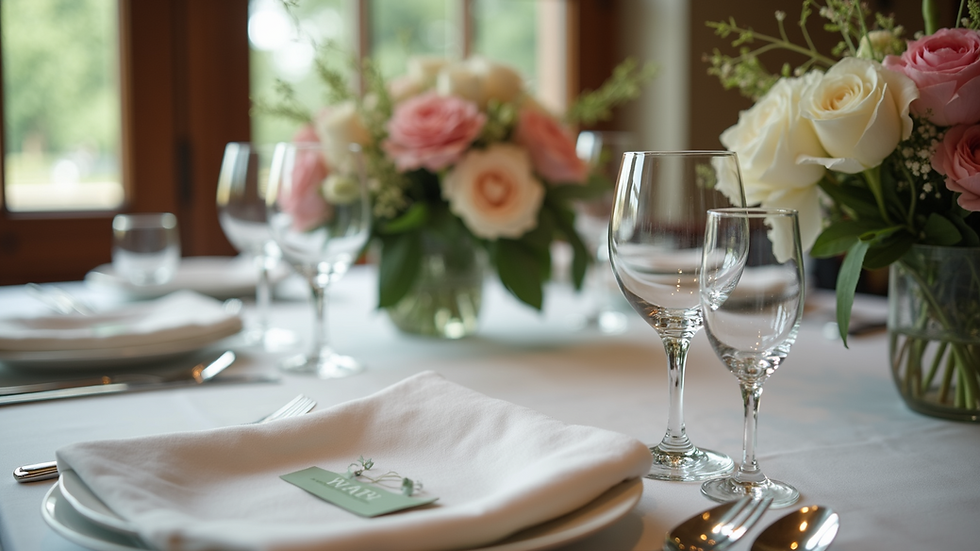 Eye-level view of a wedding table with personalized floral arrangements and monogrammed settings
