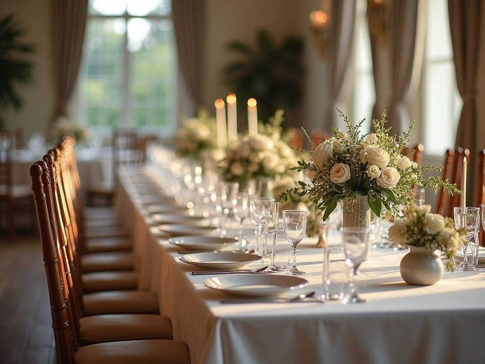 A beautifully styled wedding reception table setting with elegant chairs, floral centerpie