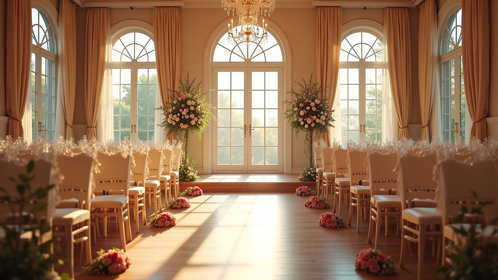 Wide angle view of a beautifully decorated wedding venue