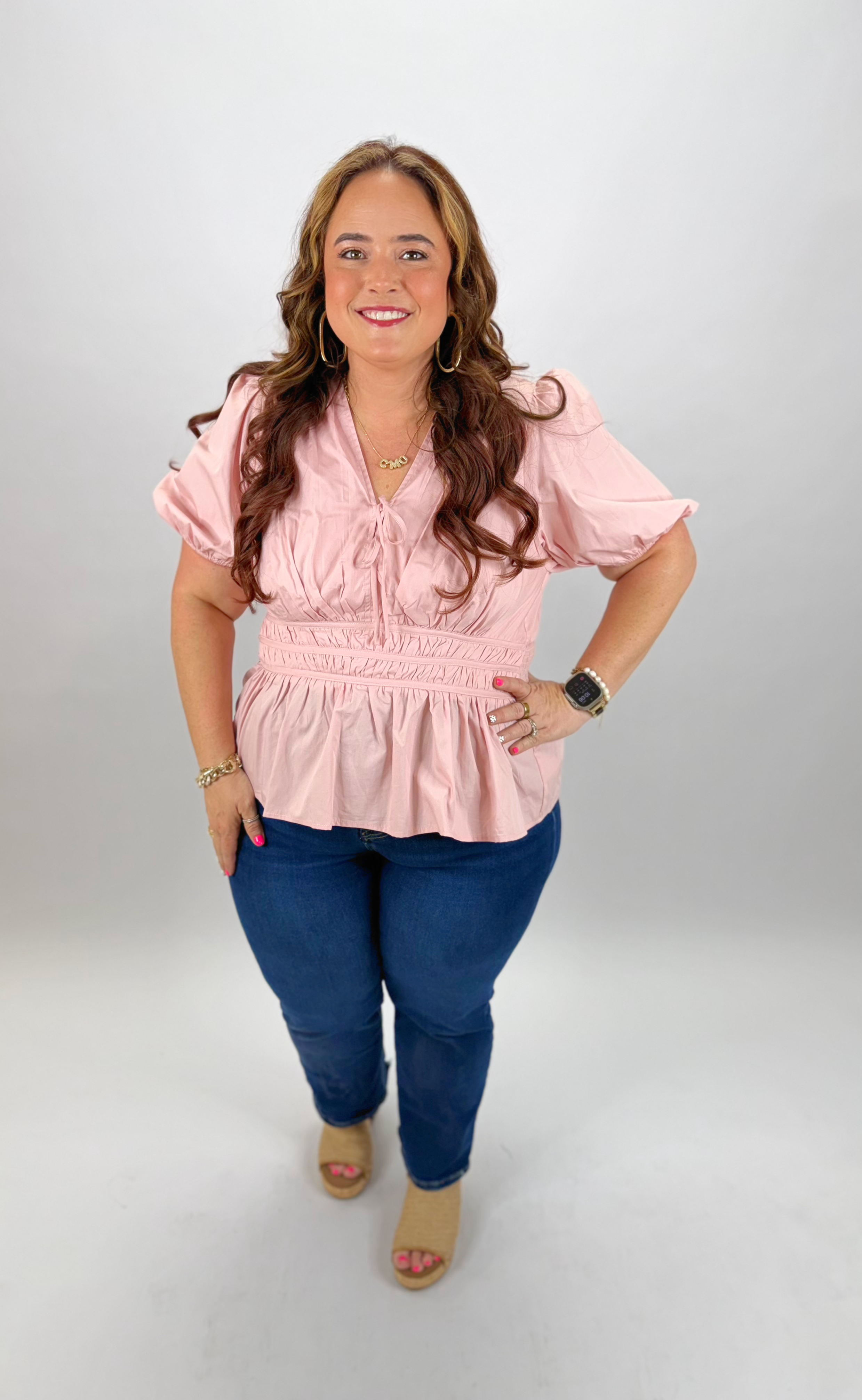 Solid Pink Tie Bow Peplum Top