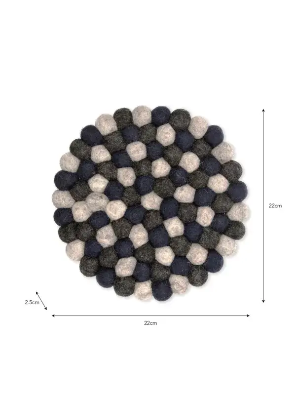Thumbnail: Round bobbled felt trivet in dark grey and blue tones