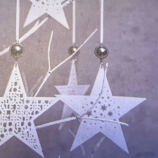 Thumbnail: Räder white porcelain hanging Christmas star with decorative cut-outs, white ribbon and polished silver bell