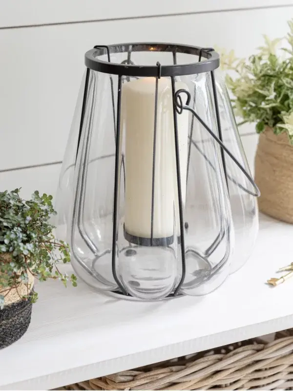 Garden Trading Adlestrop large black glass lantern with pillar candle and metal frame