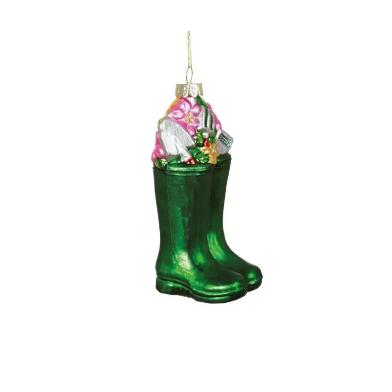 Sass & Belle green Wellington boots glass Christmas bauble with festive decorations
