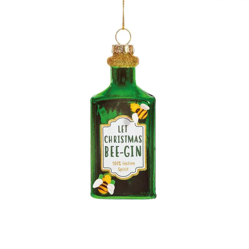 Sass & Belle green gin bottle glass bauble reading Let Christmas Be-Gin